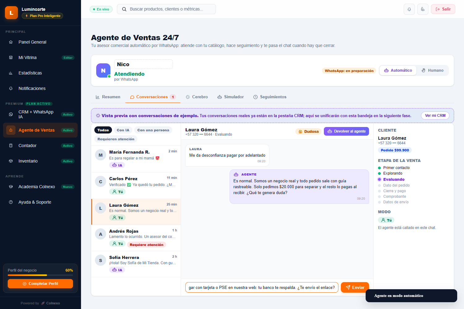 Panel del agente de ventas con conversaciones